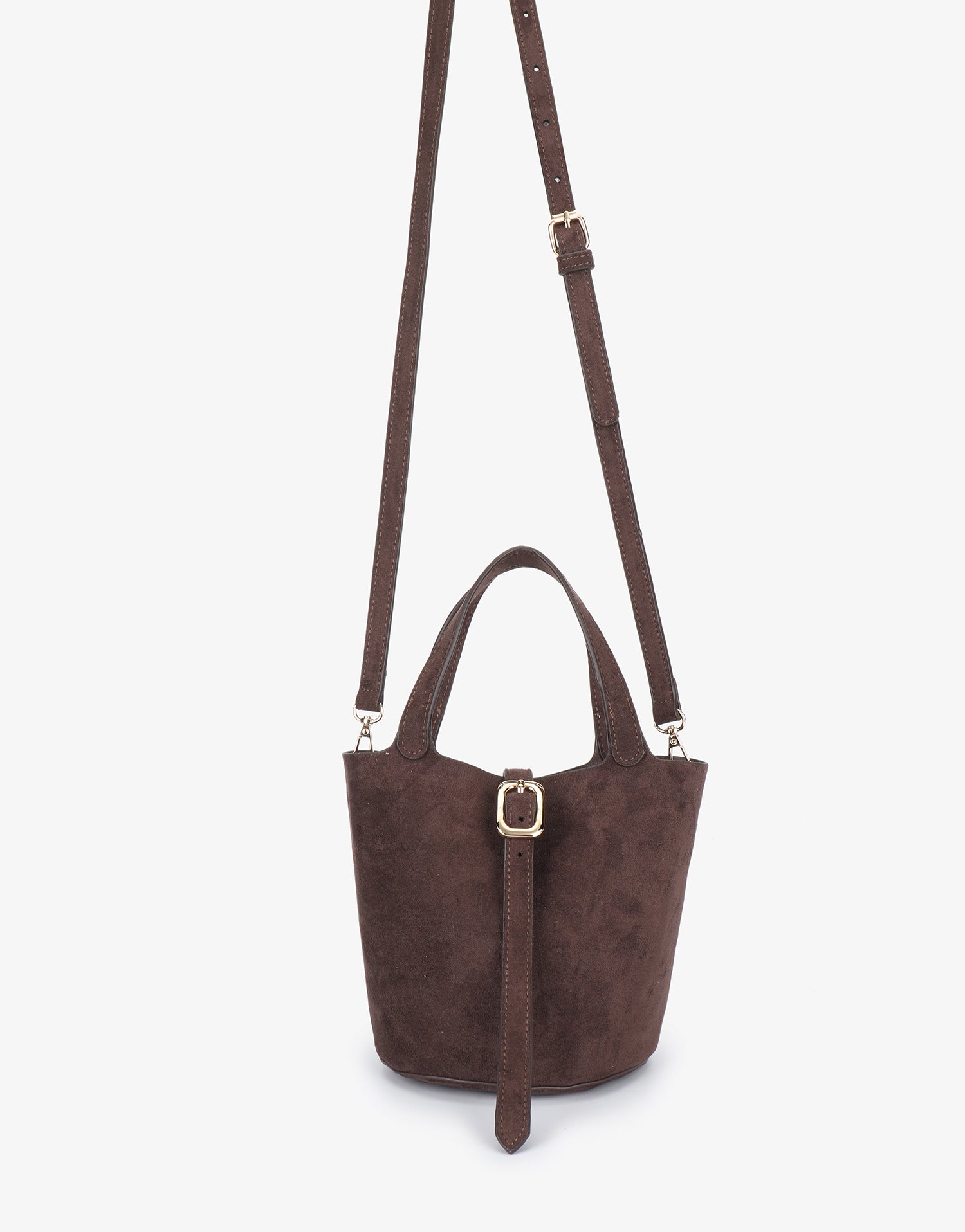Brown faux suede handbag with adjustable body strap_Remi and Reid