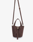 Brown faux suede handbag with adjustable body strap_Remi and Reid