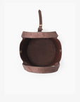 Interior of brown faux suede bag with snap closure_Remi and Reid