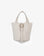Small white bucket bag with a gold buckle design_Remi and Reid
