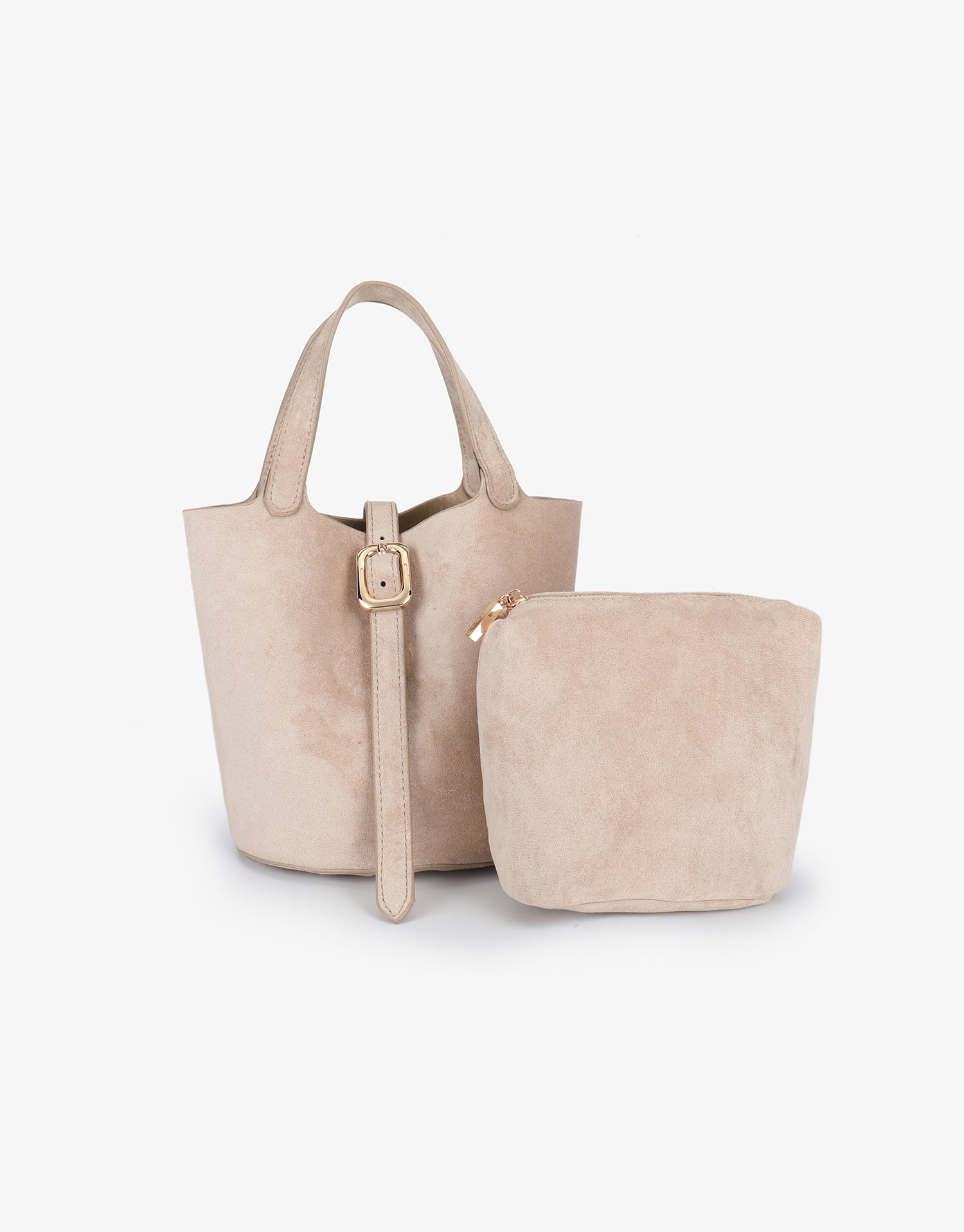Mini beige bucket handbag with matching pouch_Remi and Reid