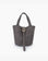 Gray faux suede bucket bag with buckle strap design_Remi and Reid