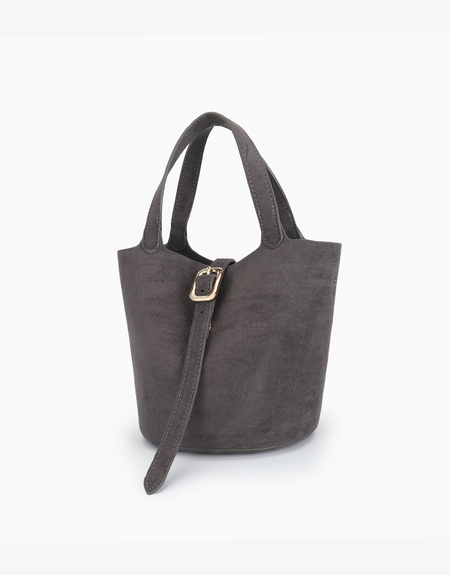 Gray faux suede handbag with strap design_Remi and Reid