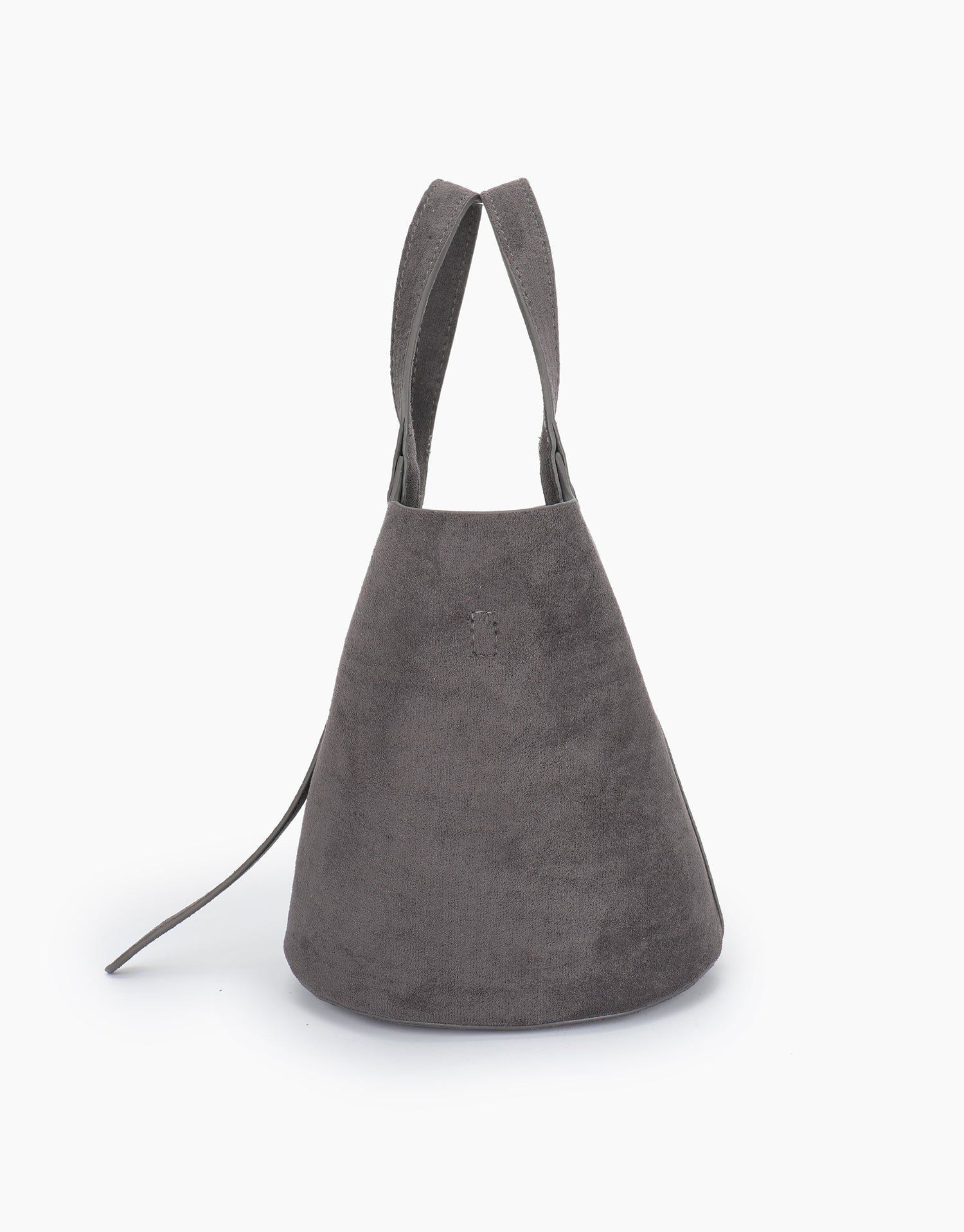 Mini gray faux suede handbag in side view_Remi and Reid
