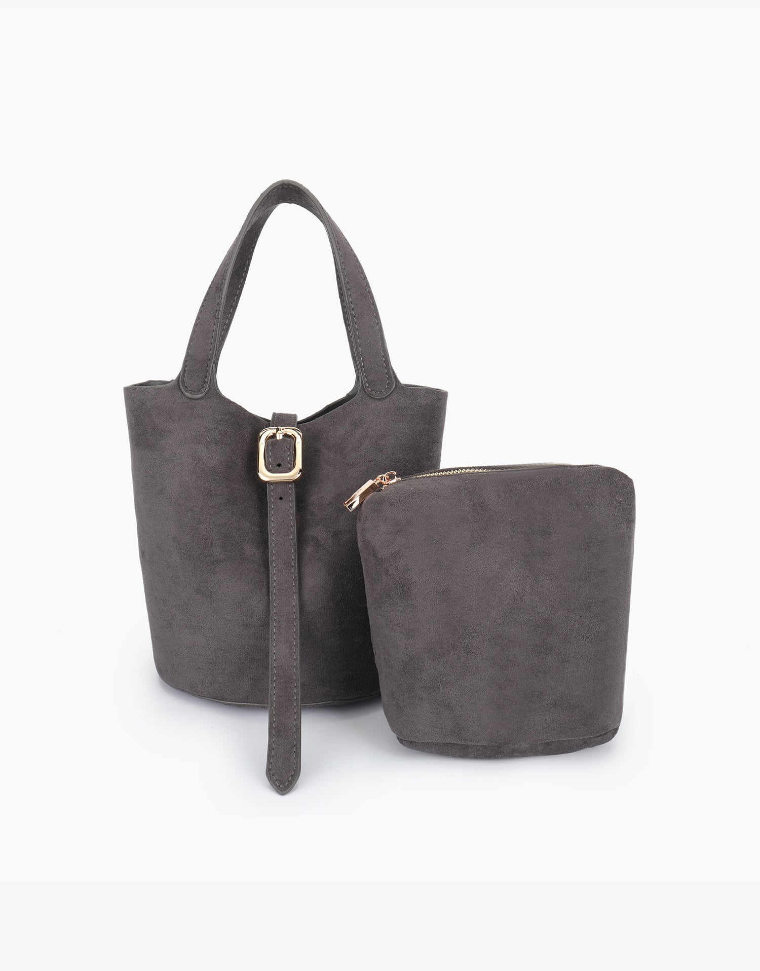 Gray faux suede bucket bag with matching pouch_Remi and Reid