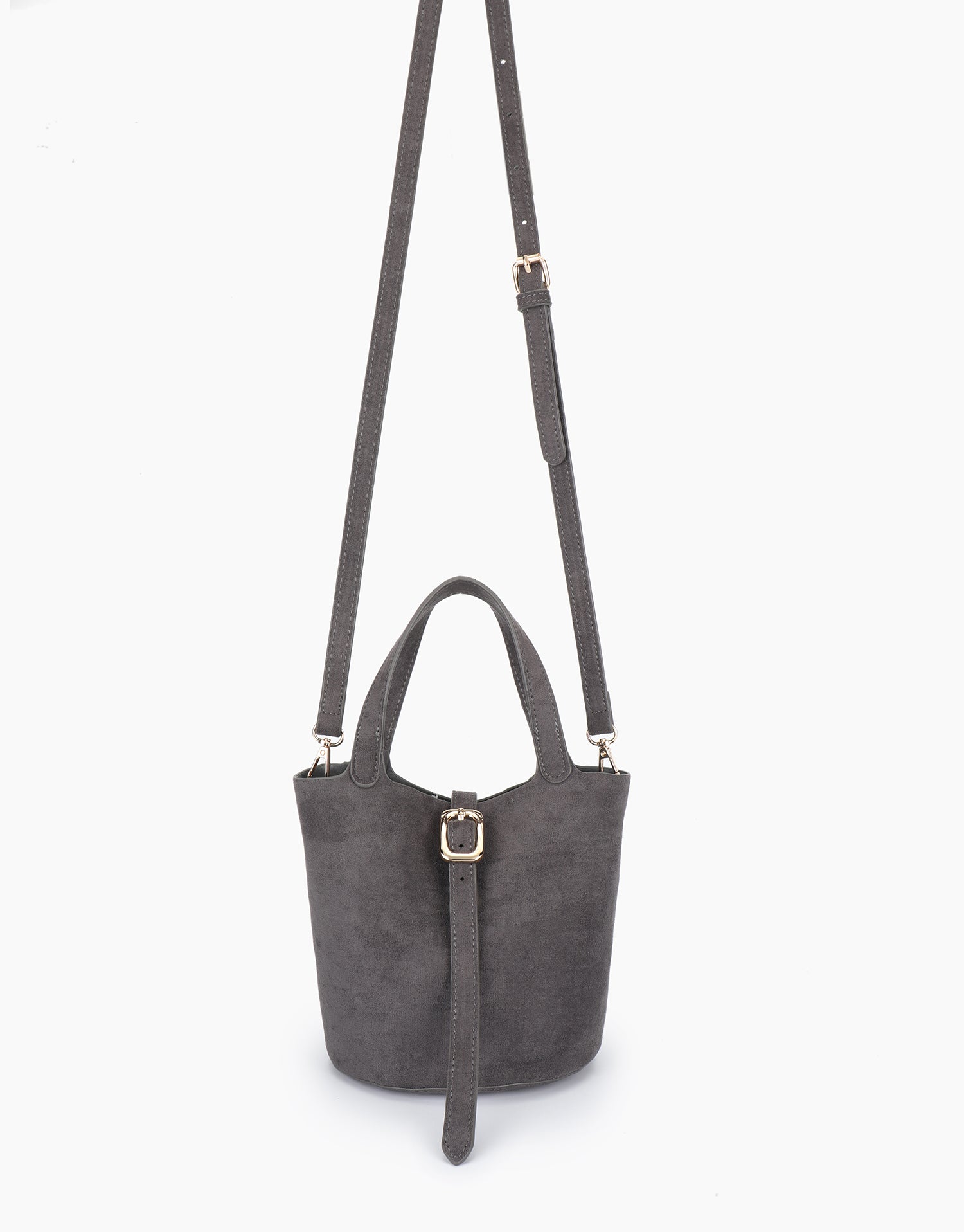 Gray bucket bag with crossbody strap_Remi and Reid