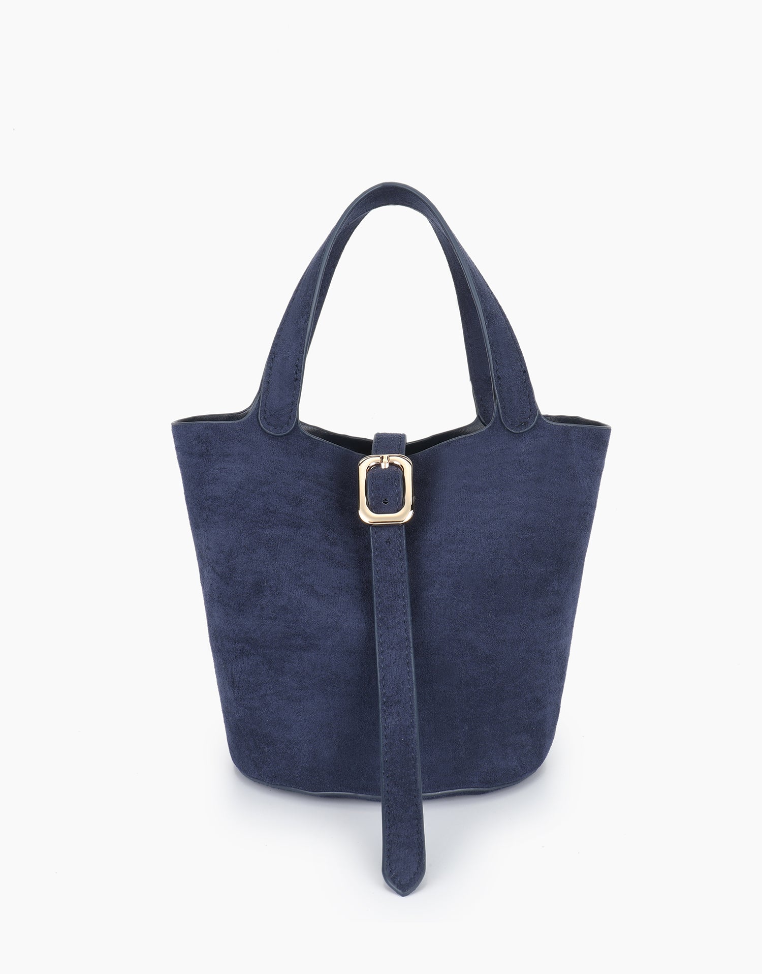 Navy blue bucket bag with gold buckle strap_Remi and Reid