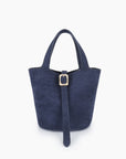 Navy blue bucket bag with gold buckle strap_Remi and Reid