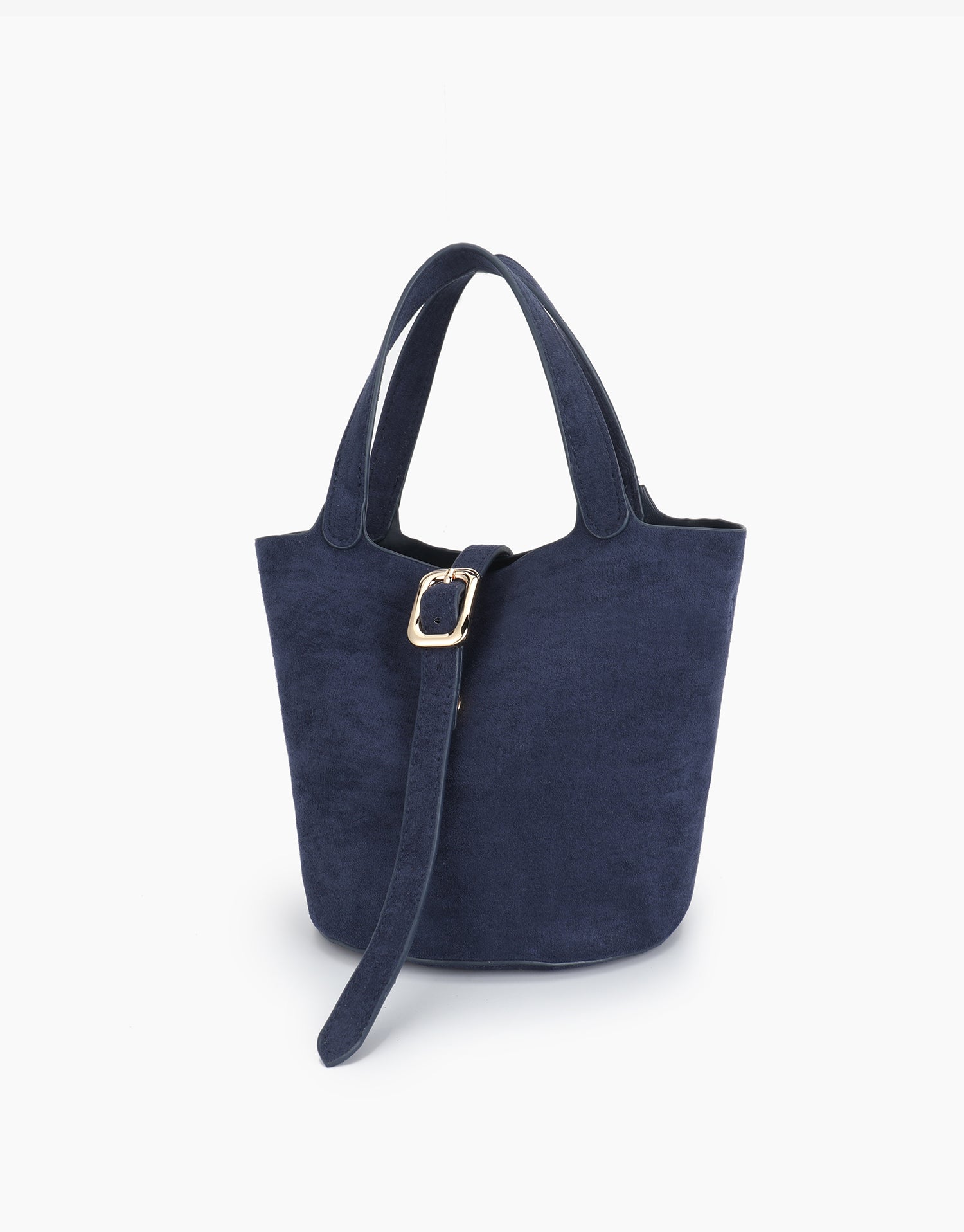 Navy blue faux suede bucket bag with strap design_Remi and Reid