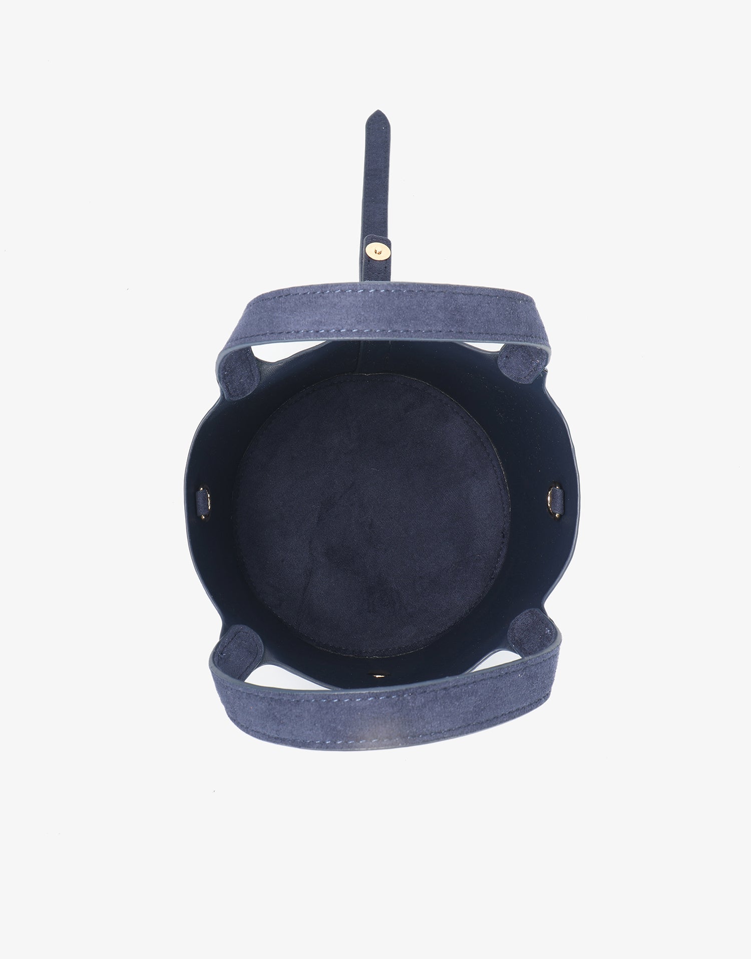 Interior of mini navy blue faux suede bucket bag_Remi and Reid