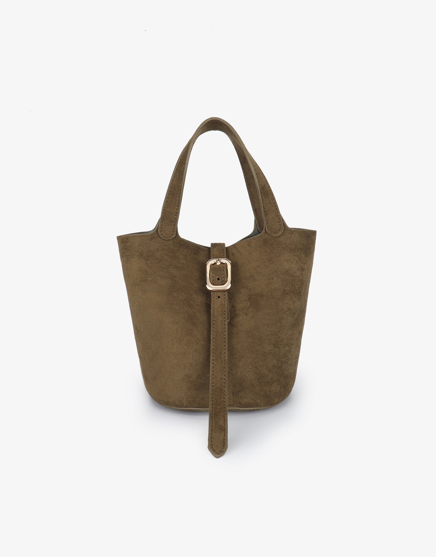 Brown faux suede handbag with a gold buckle_Remi and Reid