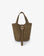 Brown faux suede handbag with a gold buckle_Remi and Reid