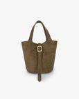 Brown faux suede handbag with a gold buckle_Remi and Reid