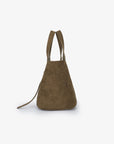 Olive green faux suede handbag side details_Remi and Reid