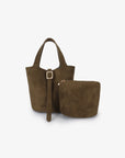 Olive green faux suede handbag with matching pouch_Remi and Reid