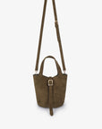 Olive green faux suede mini bucket handbag with adjustable crossbody strap_Remi and Reid