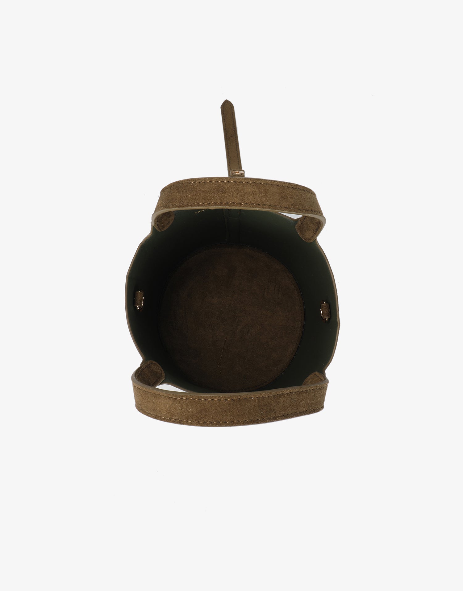 Spacious interior of olive green faux suede leather bag with snap closure_Remi and Reid
