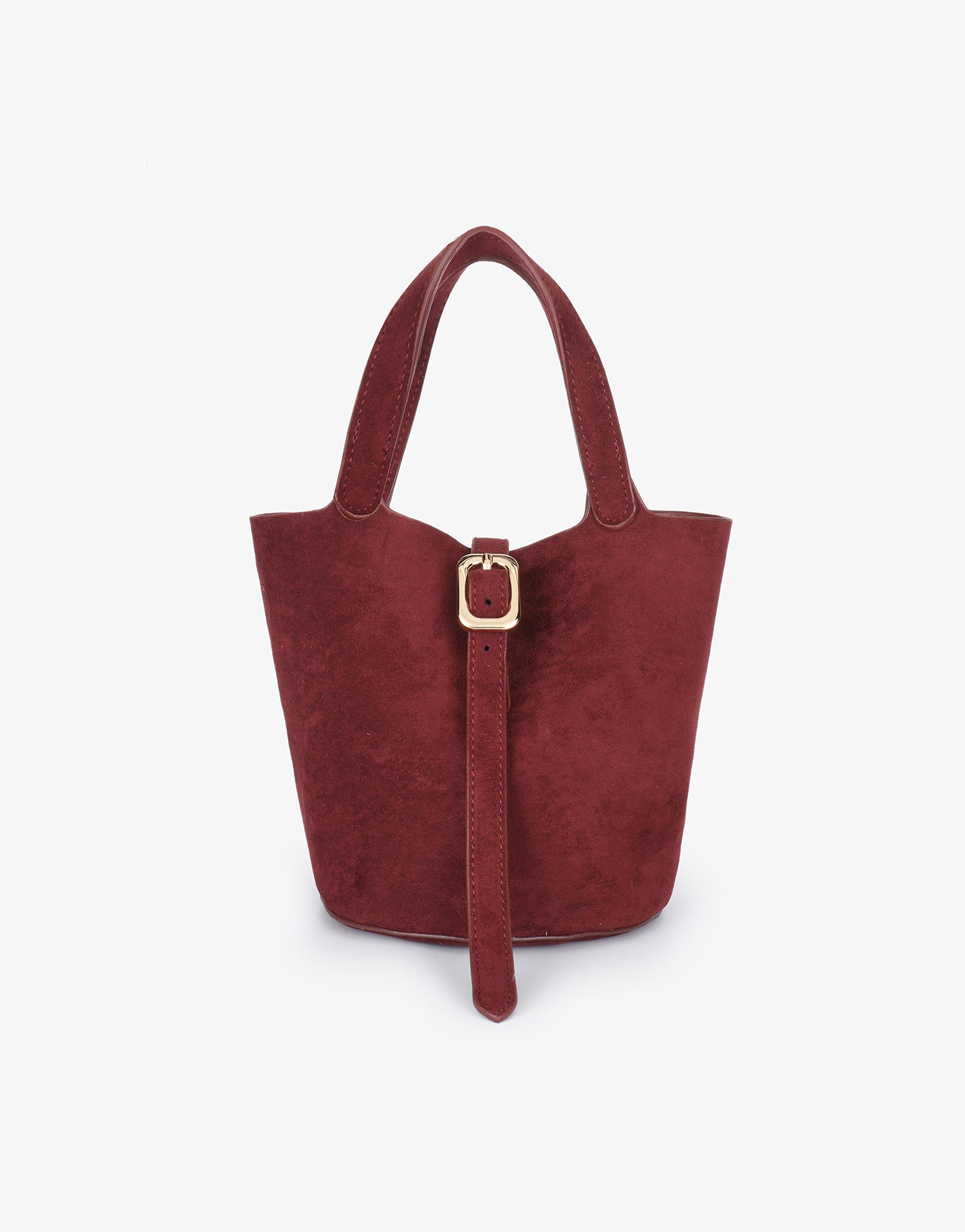 Wine red small bucket handbag with gold buckle strap design_Remi and Reid
