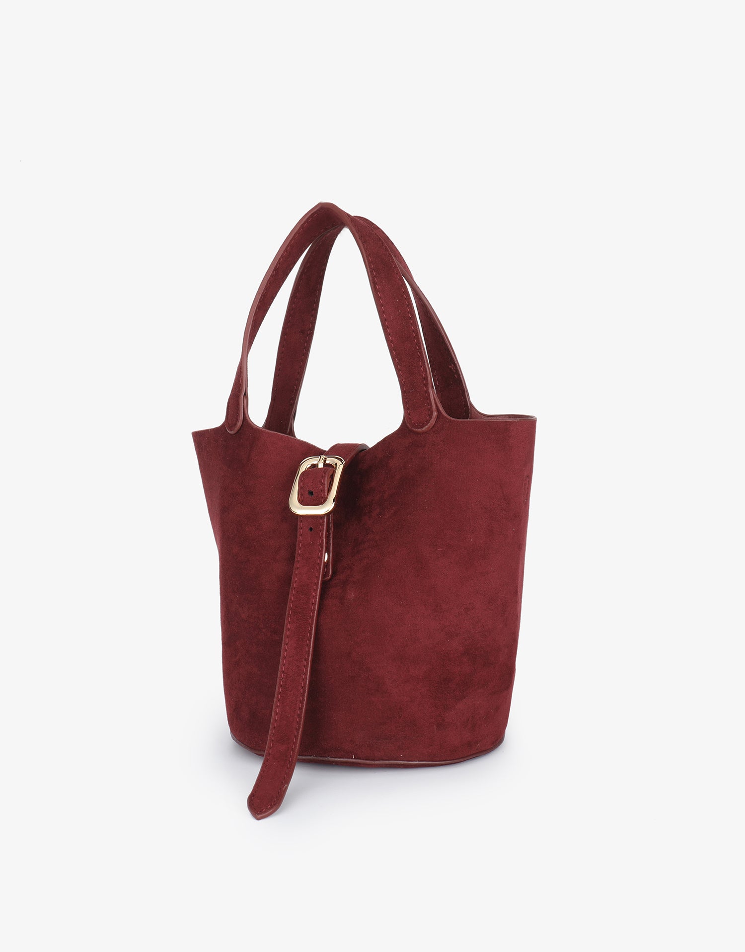 Small wine red bucket handbag with gold buckle strap design_Remi and Reid
