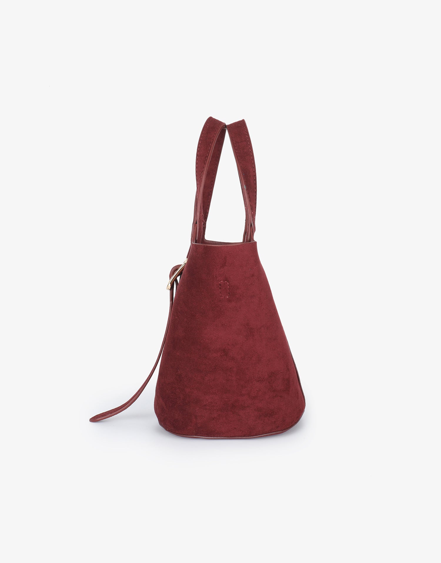 Side profile of mini faux suede bucket bag with top handles in wine red color_Remi and Reid