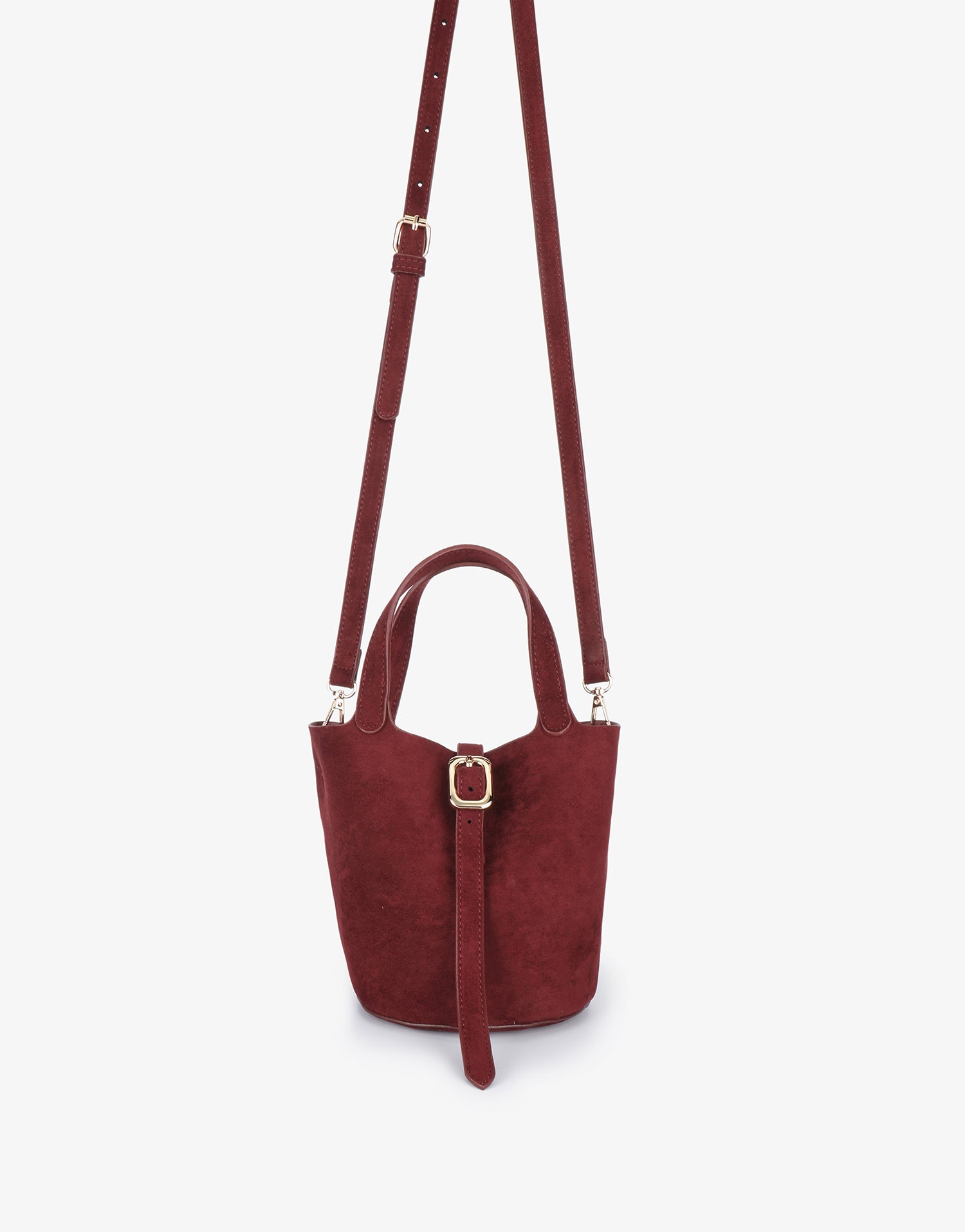 Wine red bucket handbag with adjustable crossbody strap_Remi and Reid