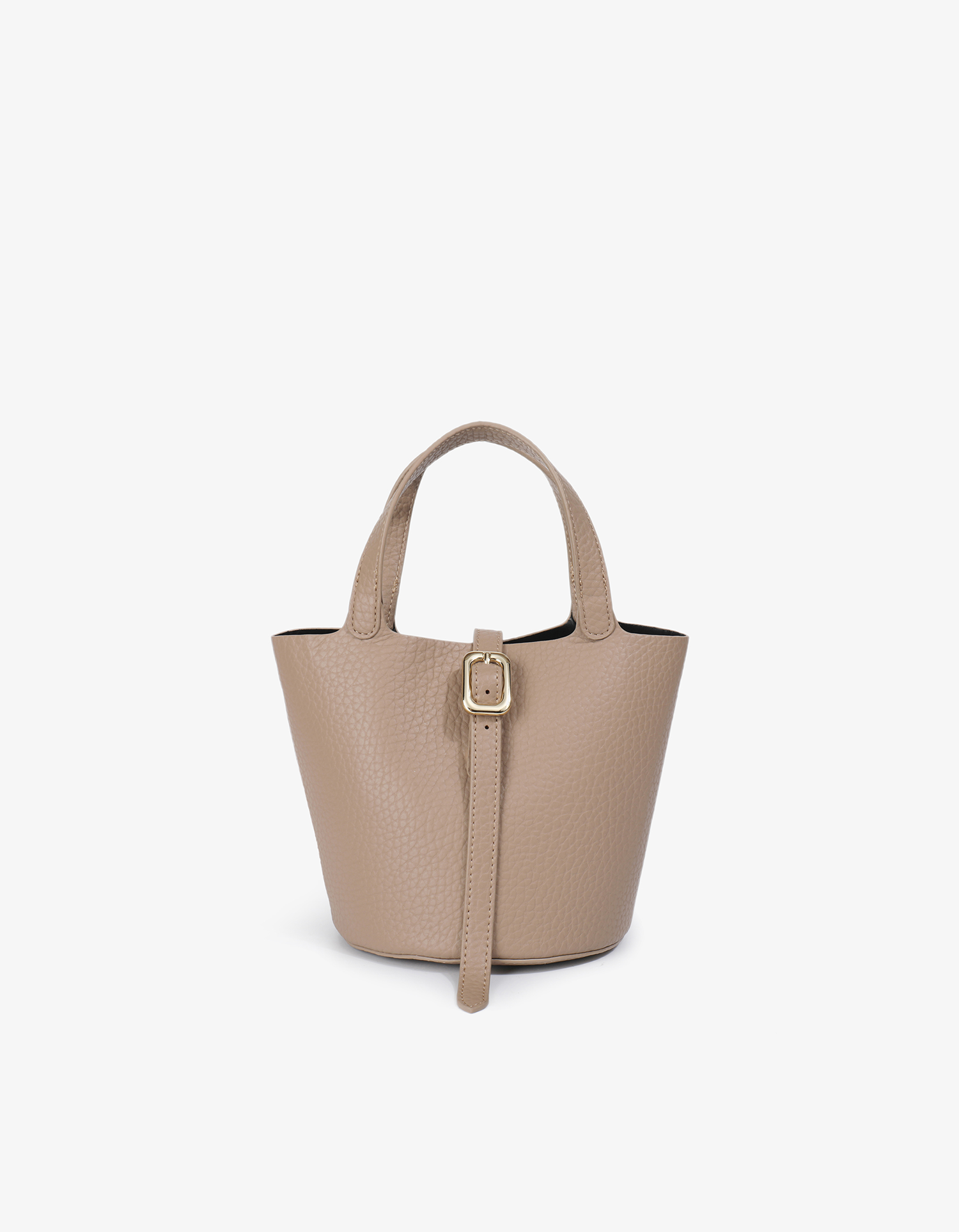 A taupe colored bucket handbag with top handle and a front buckle closure by Remi and Reid