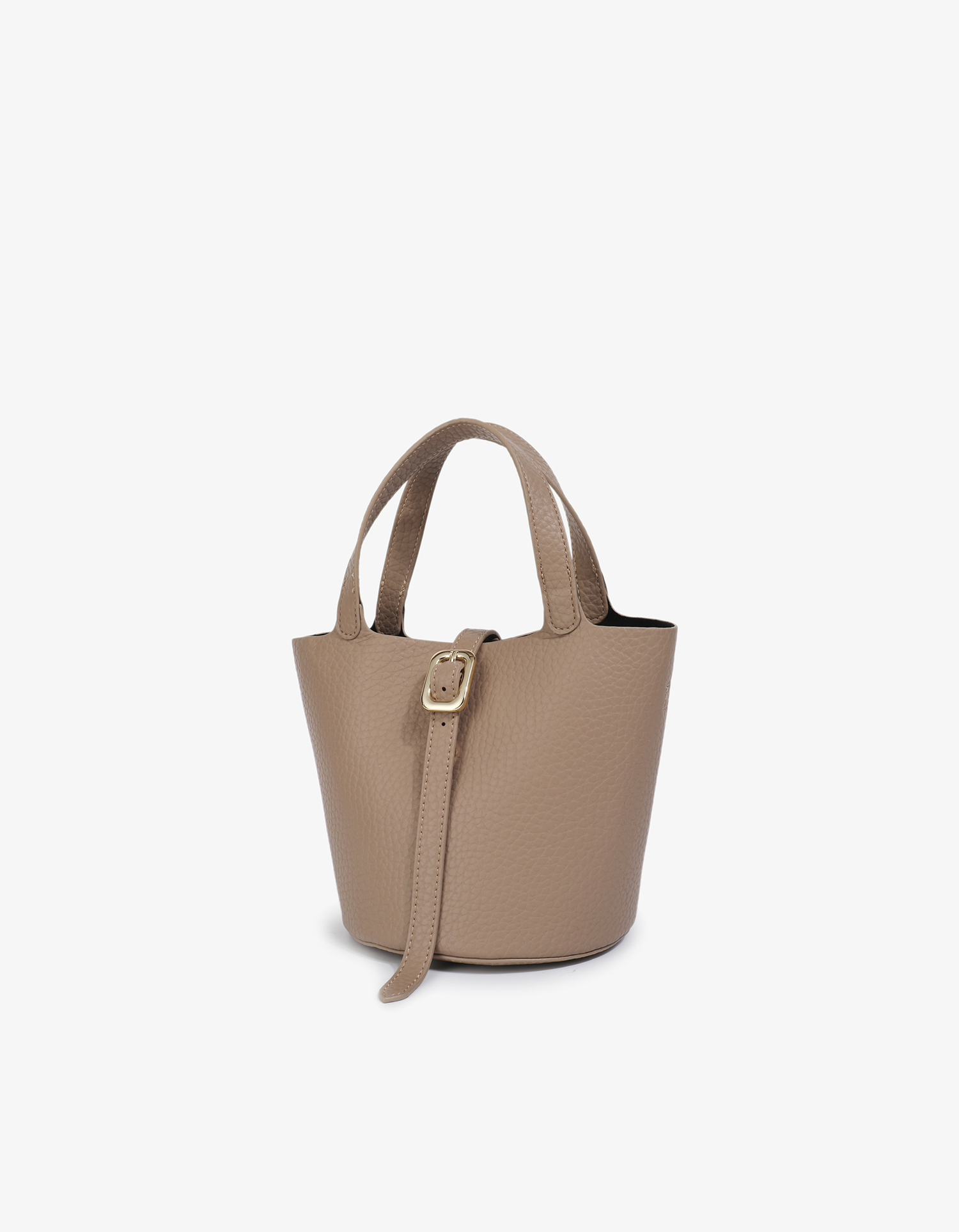 Small taupe colored Joya bucket handbag with front buckle closure by Remi and Reid