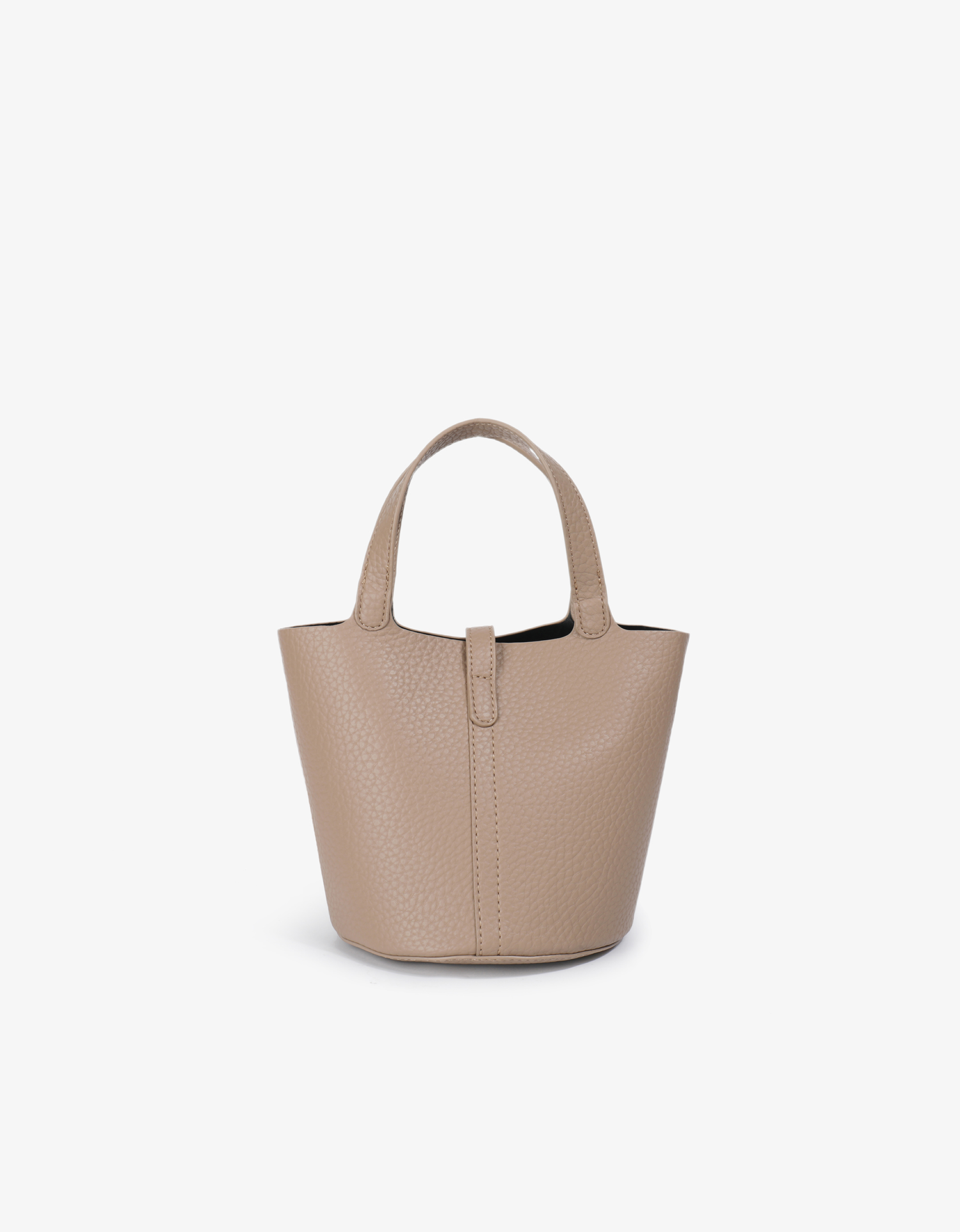 Back details of Joya mini bucket bag in taupe with top handle by Remi and Reid