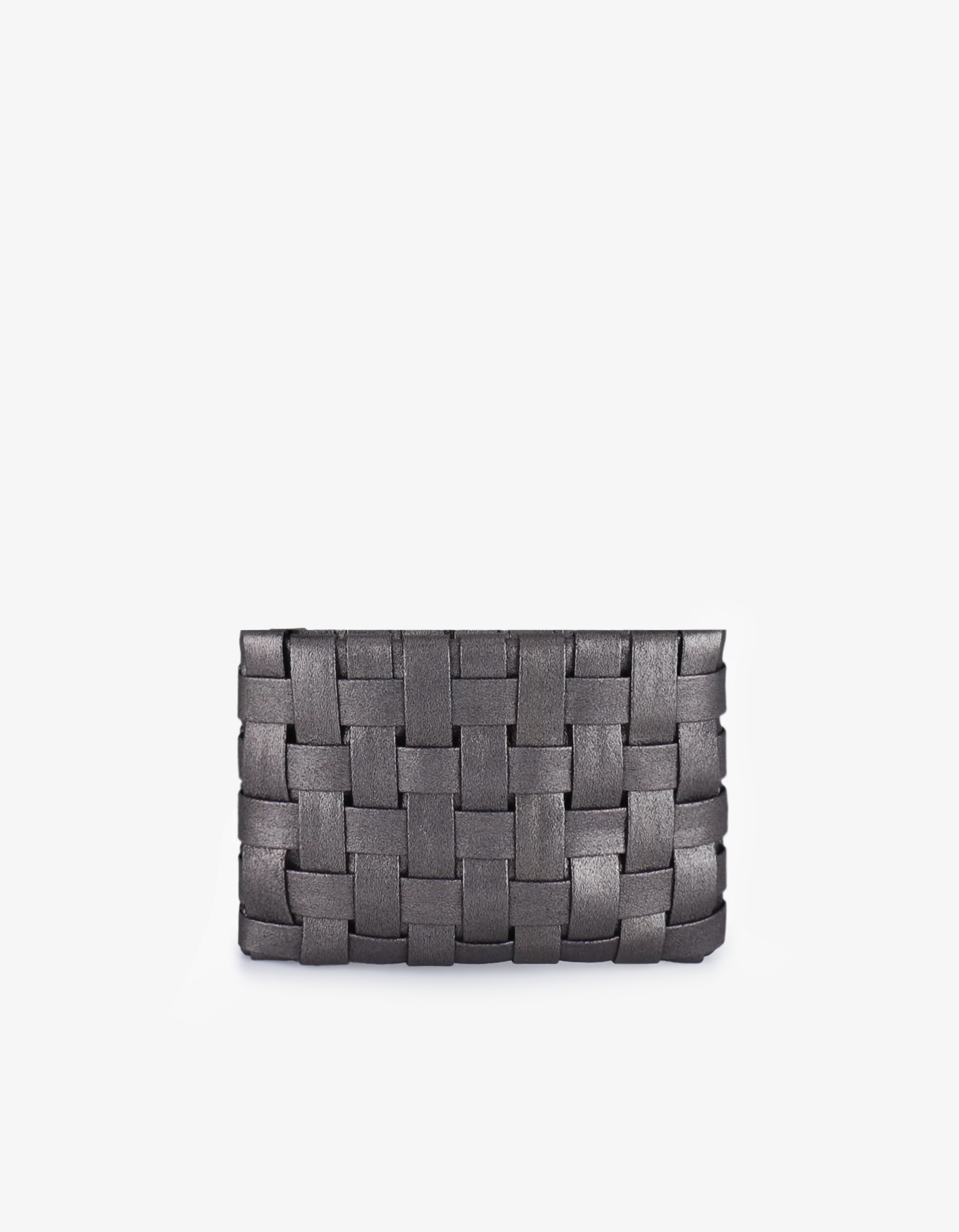 A woven clutch with a geometric pattern in an anthracite gray color, featuring light gold hardware.