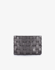 A woven clutch with a geometric pattern in an anthracite gray color, featuring light gold hardware.