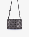 Anthracite gray woven clutch bag by Remi and Reid with crossbody strap.
