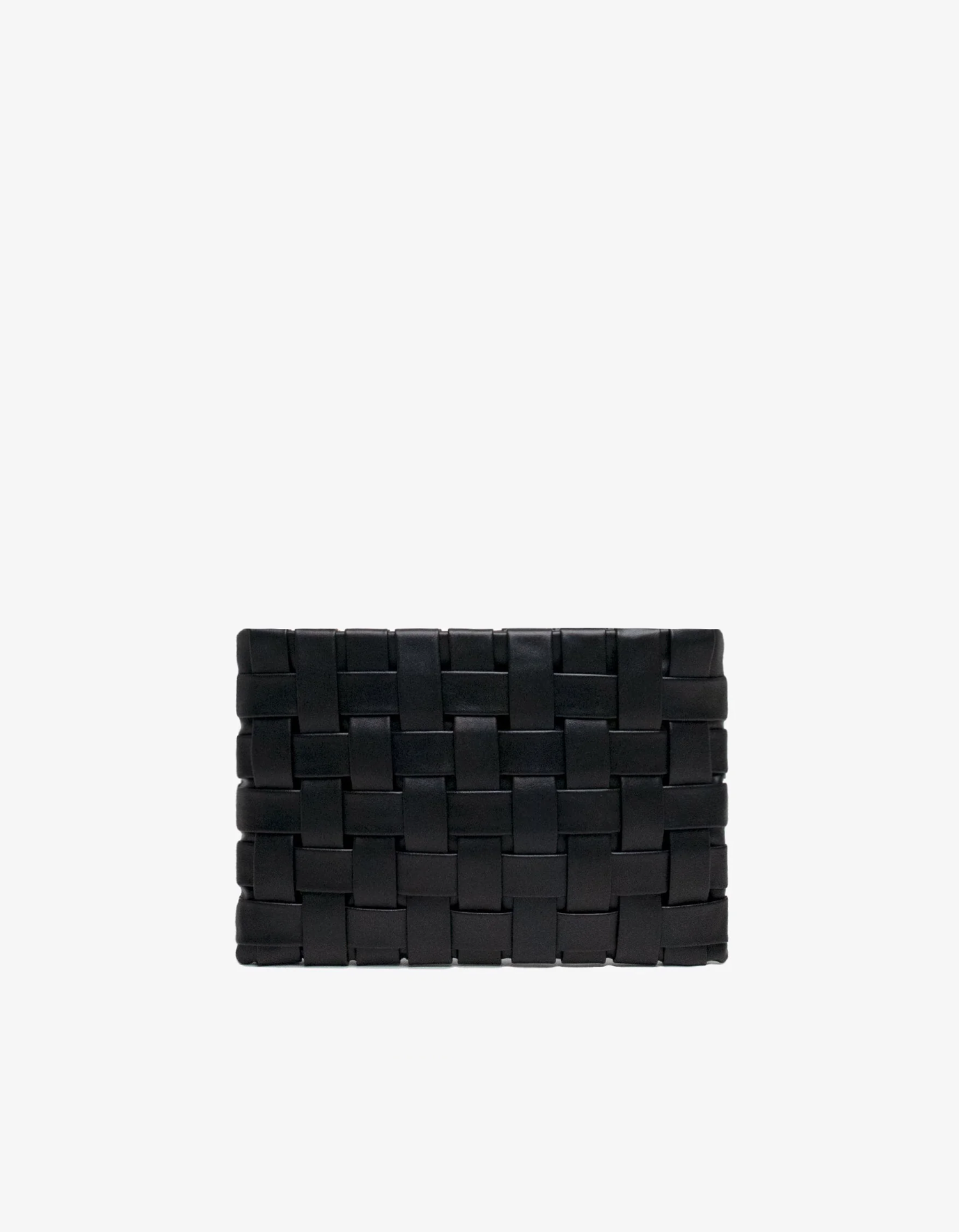 A black woven clutch with light gold hardware.