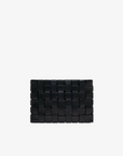 A black woven clutch with light gold hardware.