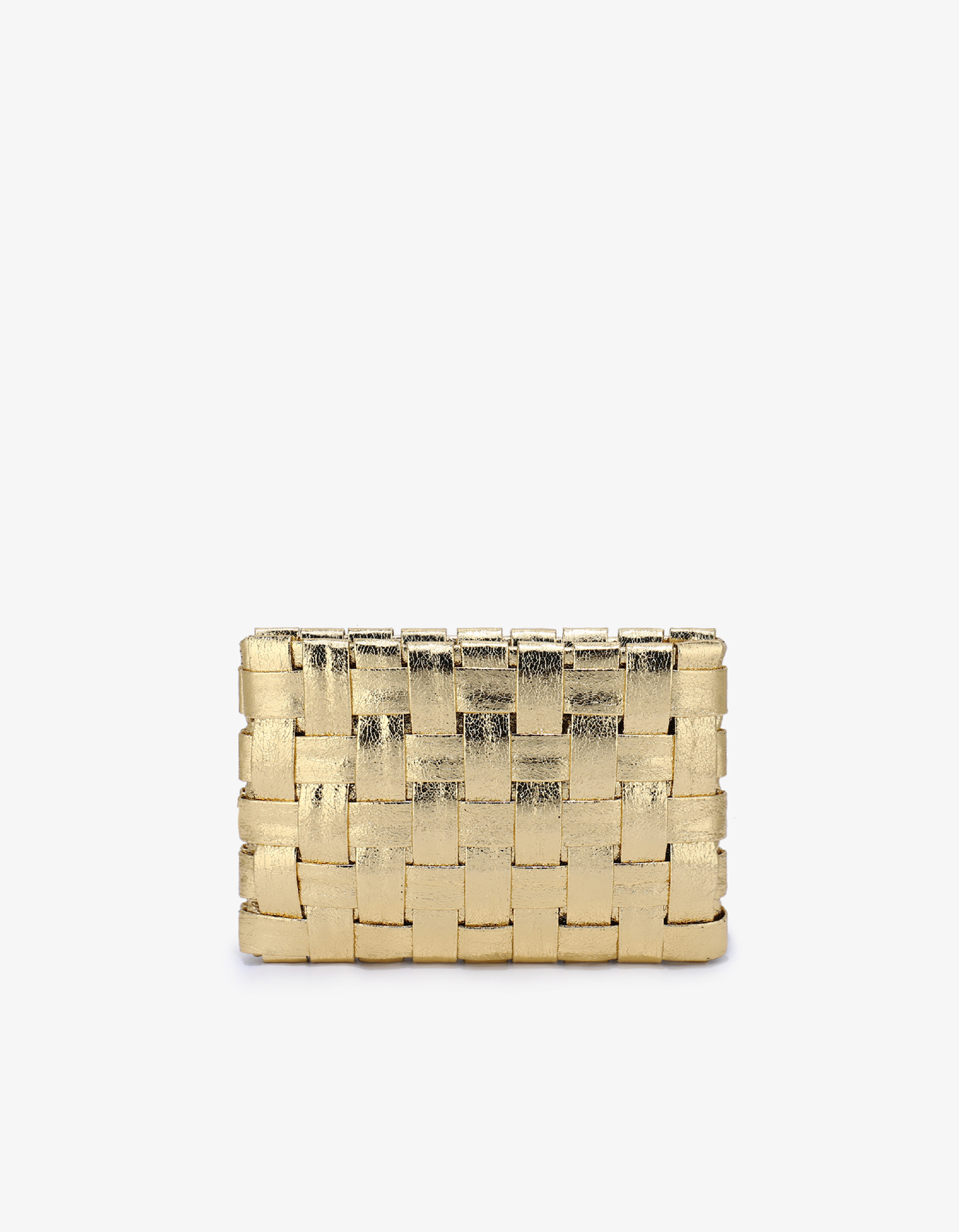 A woven metallic platinum clutch by Remi and Reid.