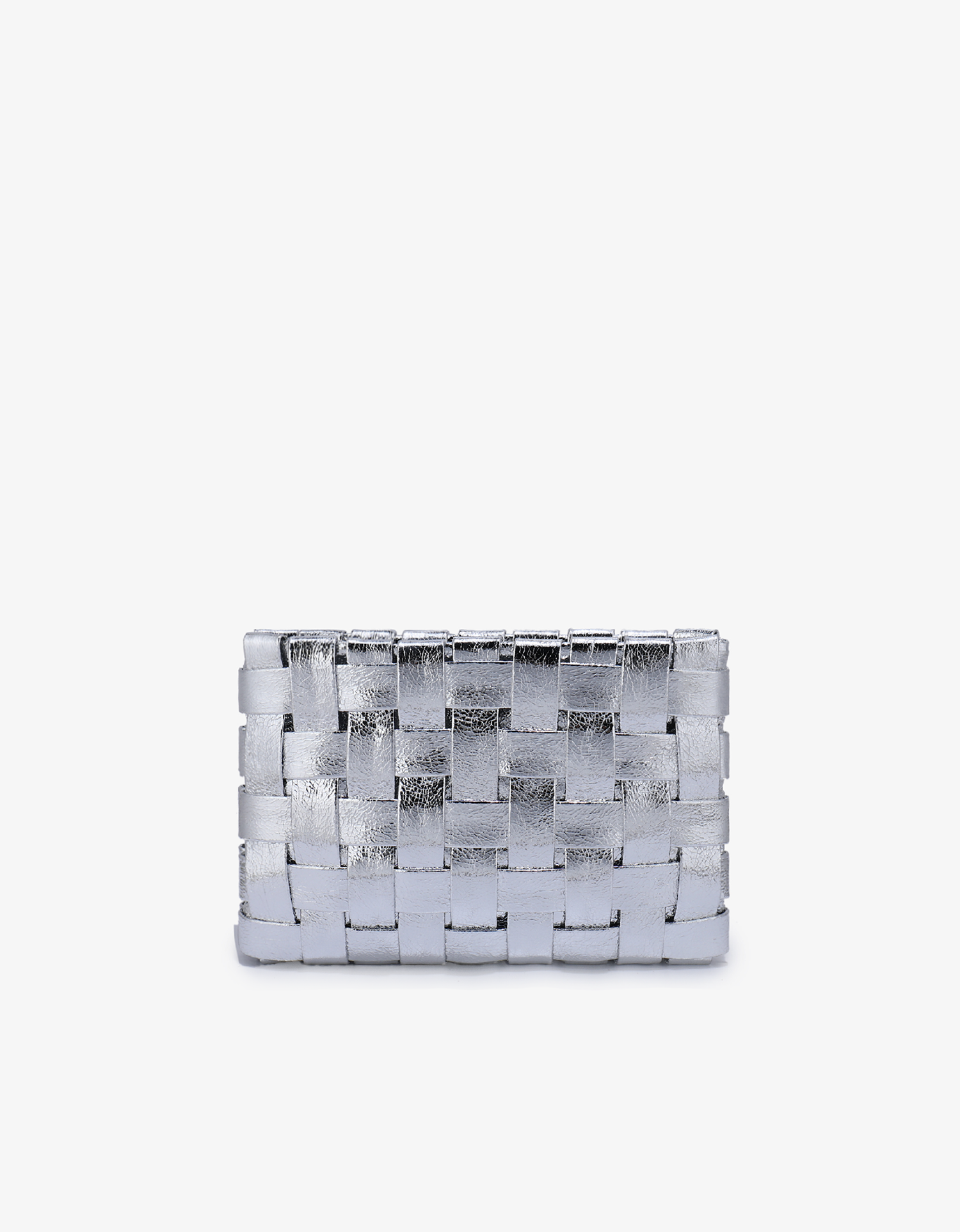 A woven metallic silver clutch with light gold hardware by Remi and Reid.