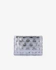 A woven metallic silver clutch with light gold hardware by Remi and Reid.