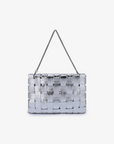 Metallic silver woven handbag by Remi and Reid with silver chain strap.