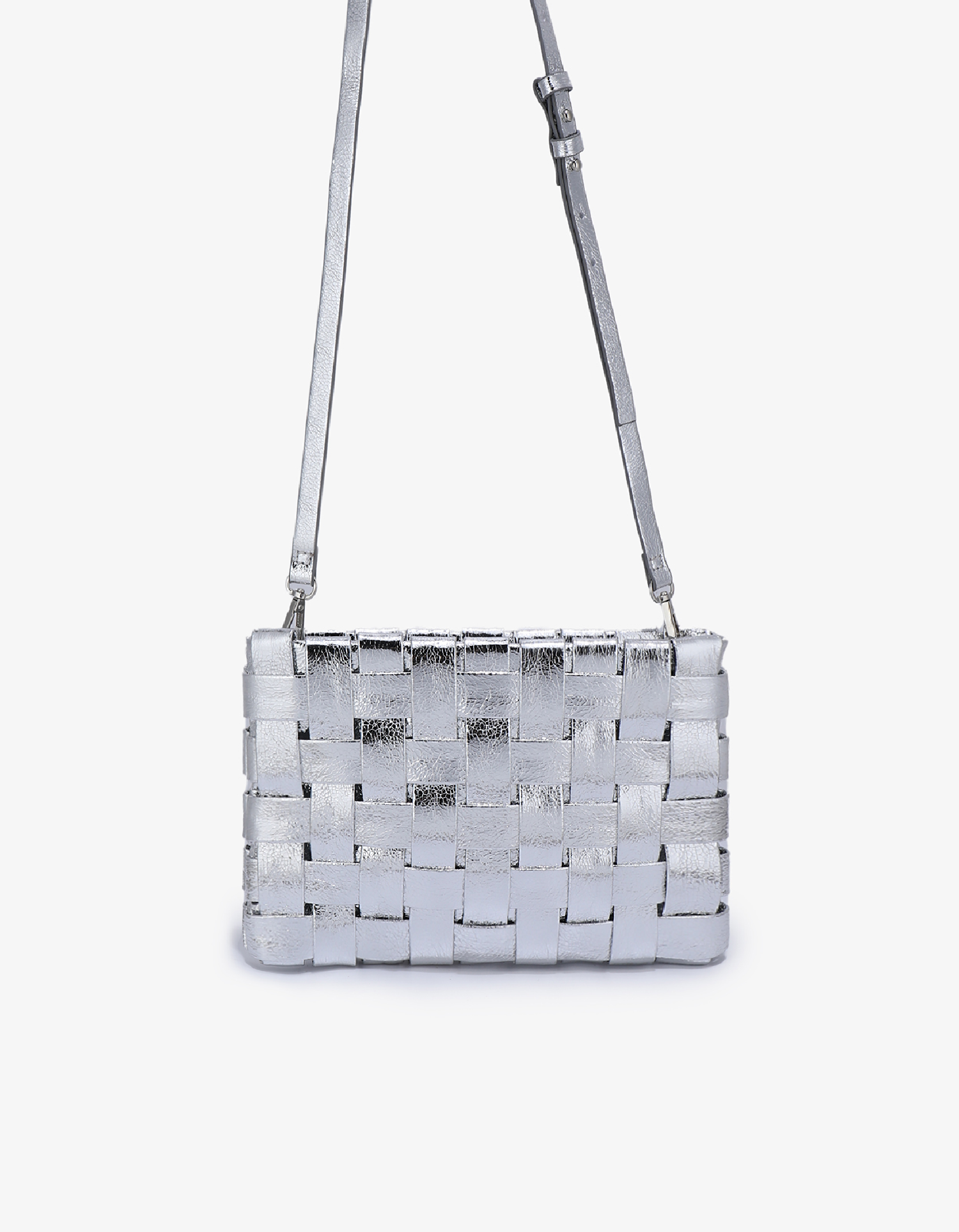 Metallic silver woven clutch bag with adjustable and removable crossbody strap by Remi and Reid.