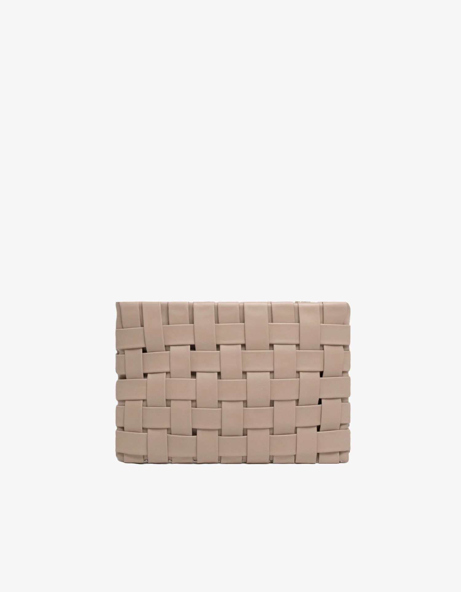 A light tan woven clutch with a structured shape by Remi and Reid.