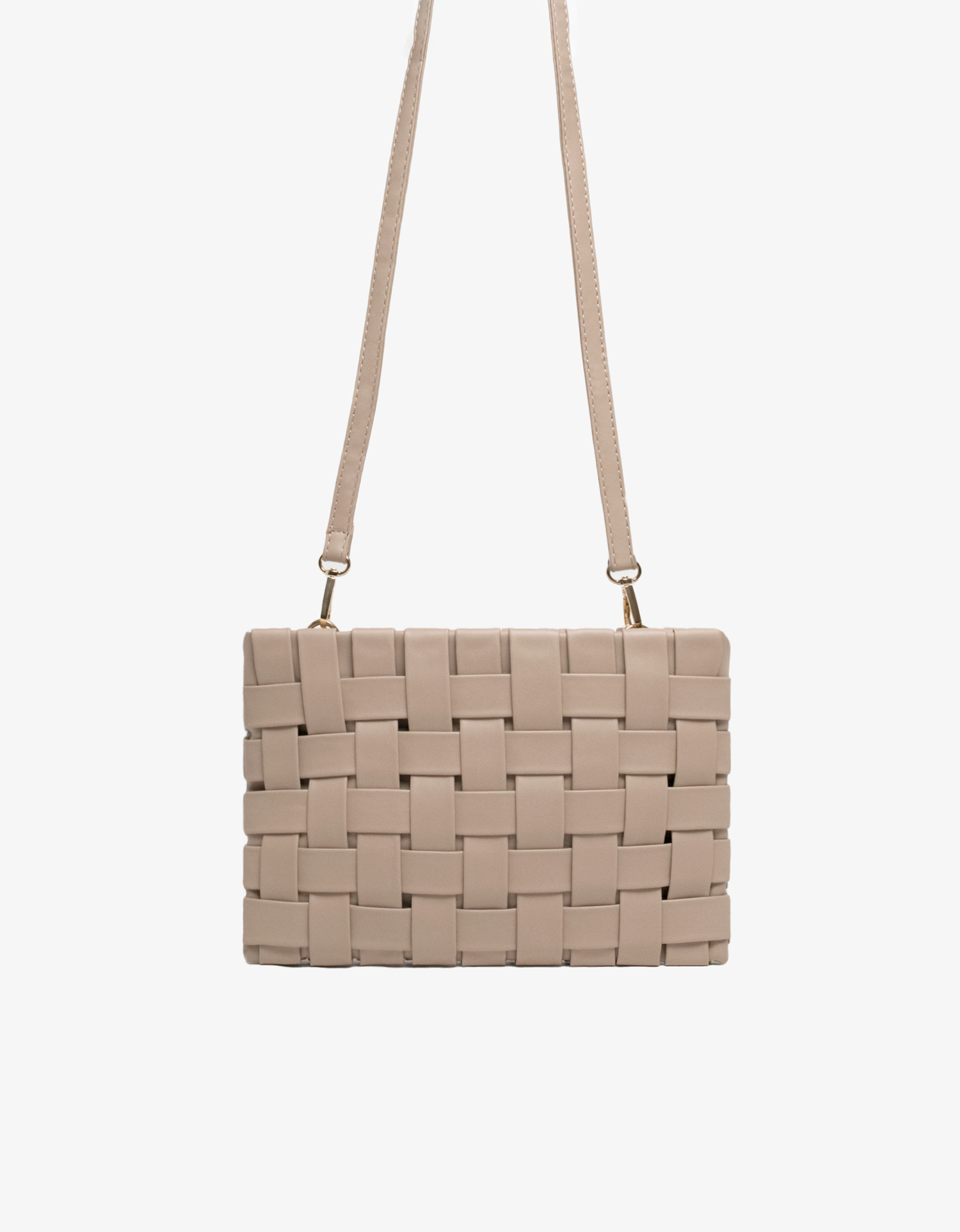 Beige woven handbag with a strap by Remi and Reid.