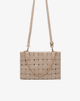 Beige woven handbag with a chain strap by Remi and Reid.