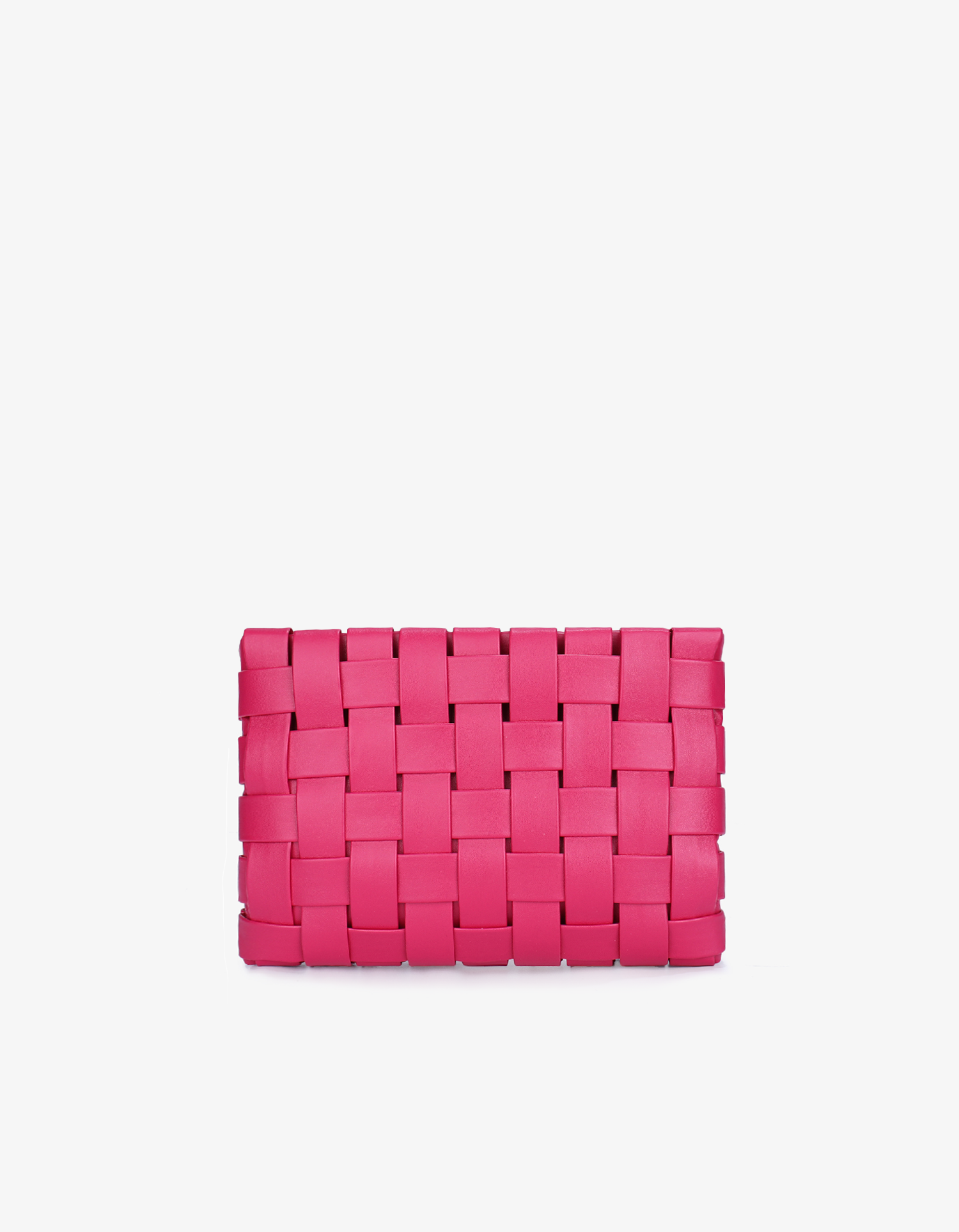 A magenta woven leather clutch with light gold hardware.