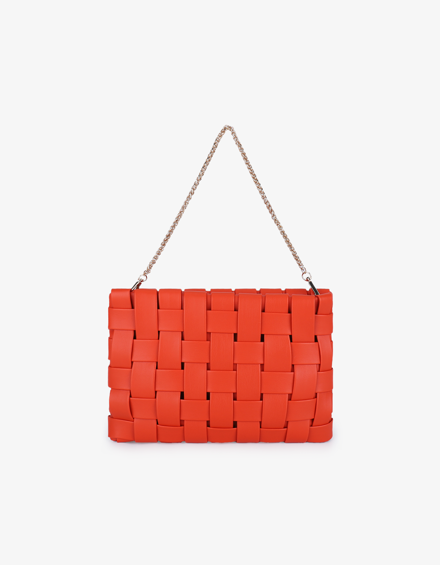 Orange woven handbag with a chain strap by Remi and Reid.