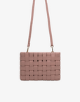 Pink woven handbag with crossbody strap by Remi and Reid.