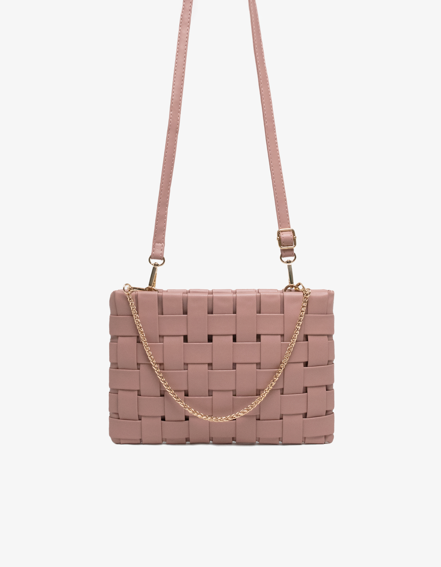 Pink woven handbag with a chain strap on a white background.