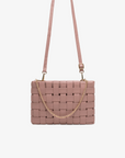 Pink woven handbag with a chain strap on a white background.