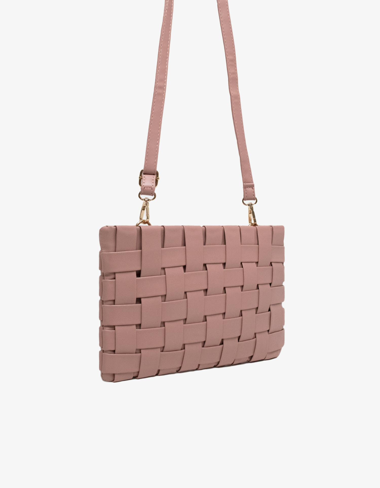 Pink woven handbag with a strap on a white background
