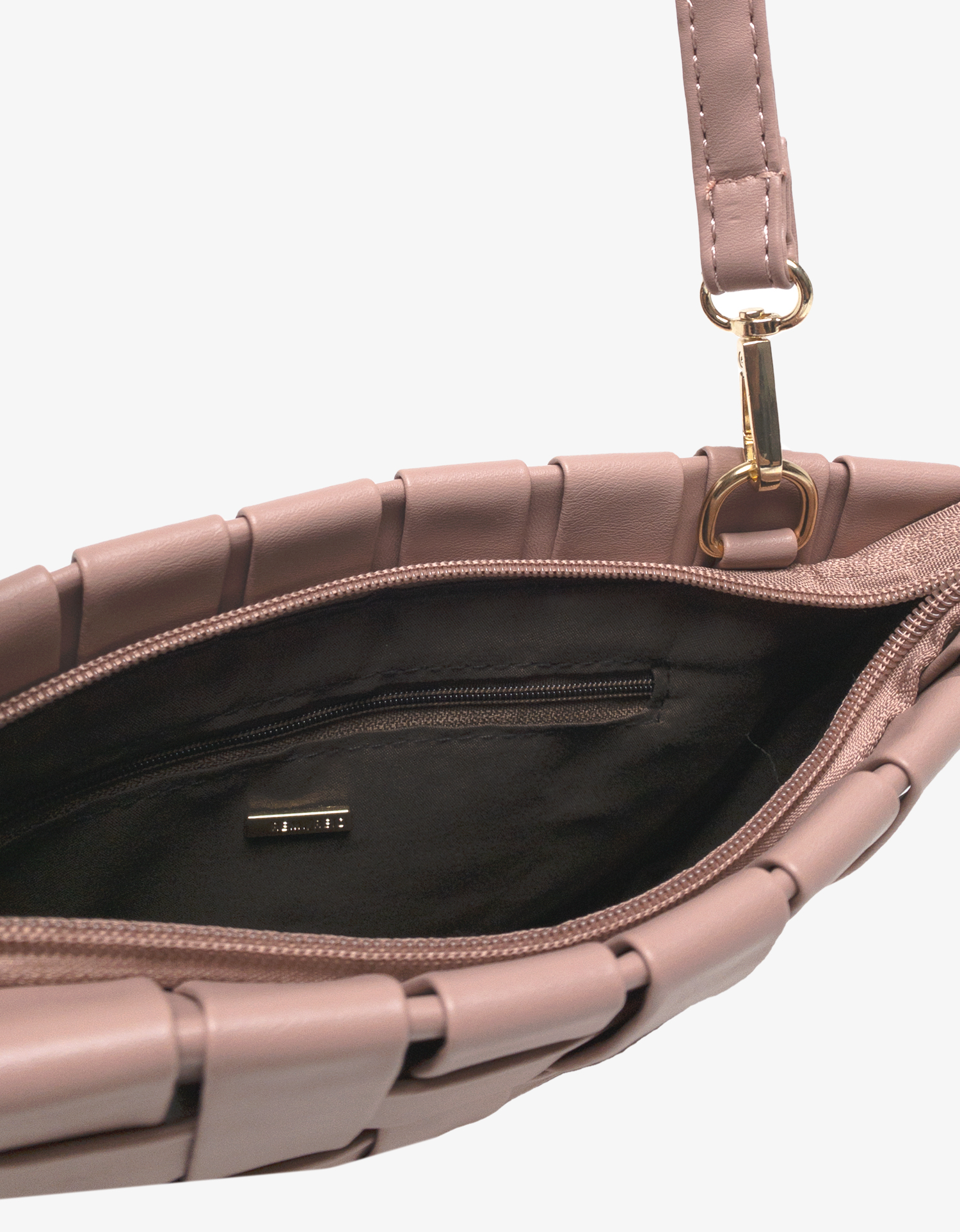 Rose Pink woven handbag with a gold clasp by Remi and Reid.