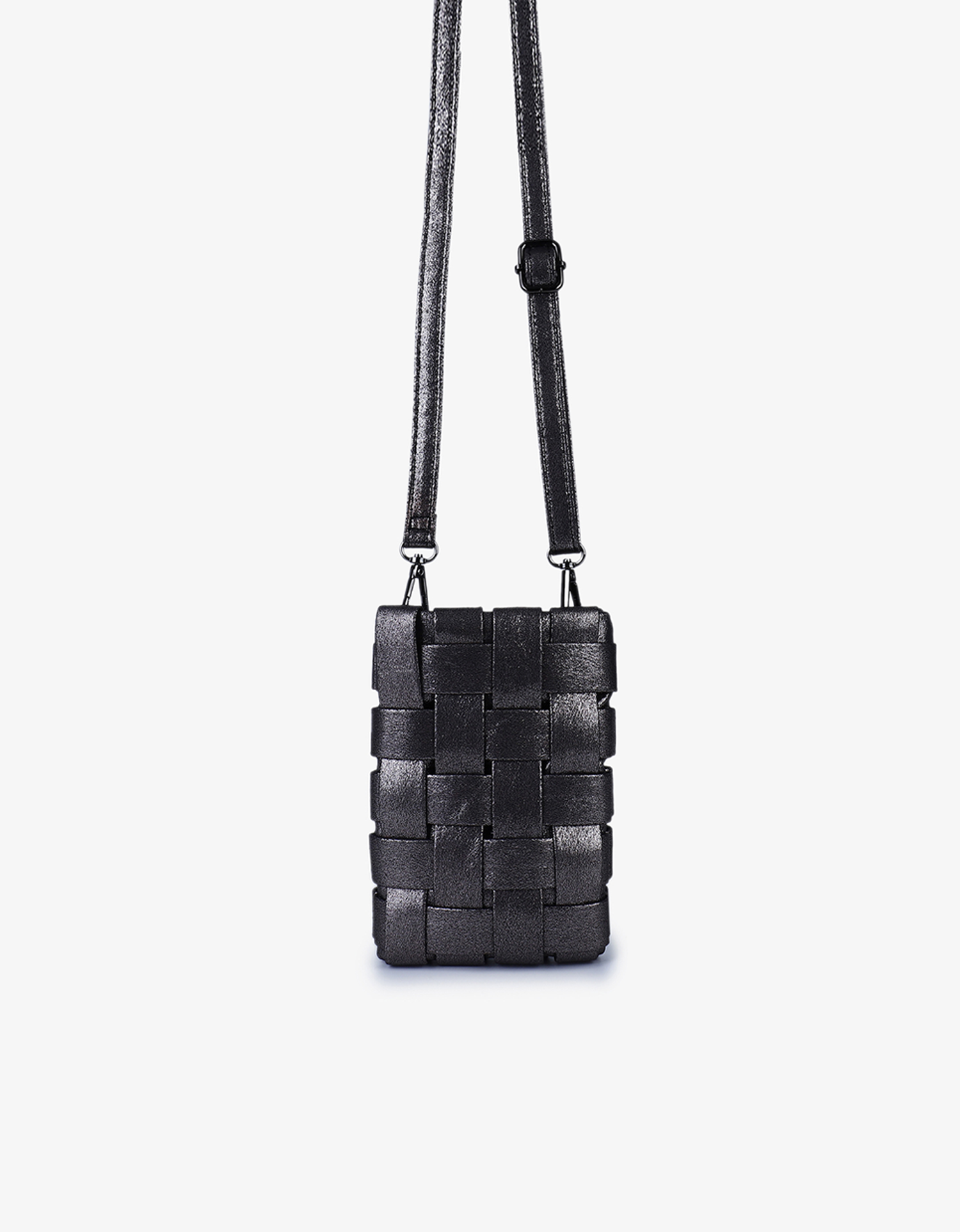 Lindy woven cellphone bag in anthracite gray with detachable, adjustable crossbody strap in matching color by Remi and Reid.