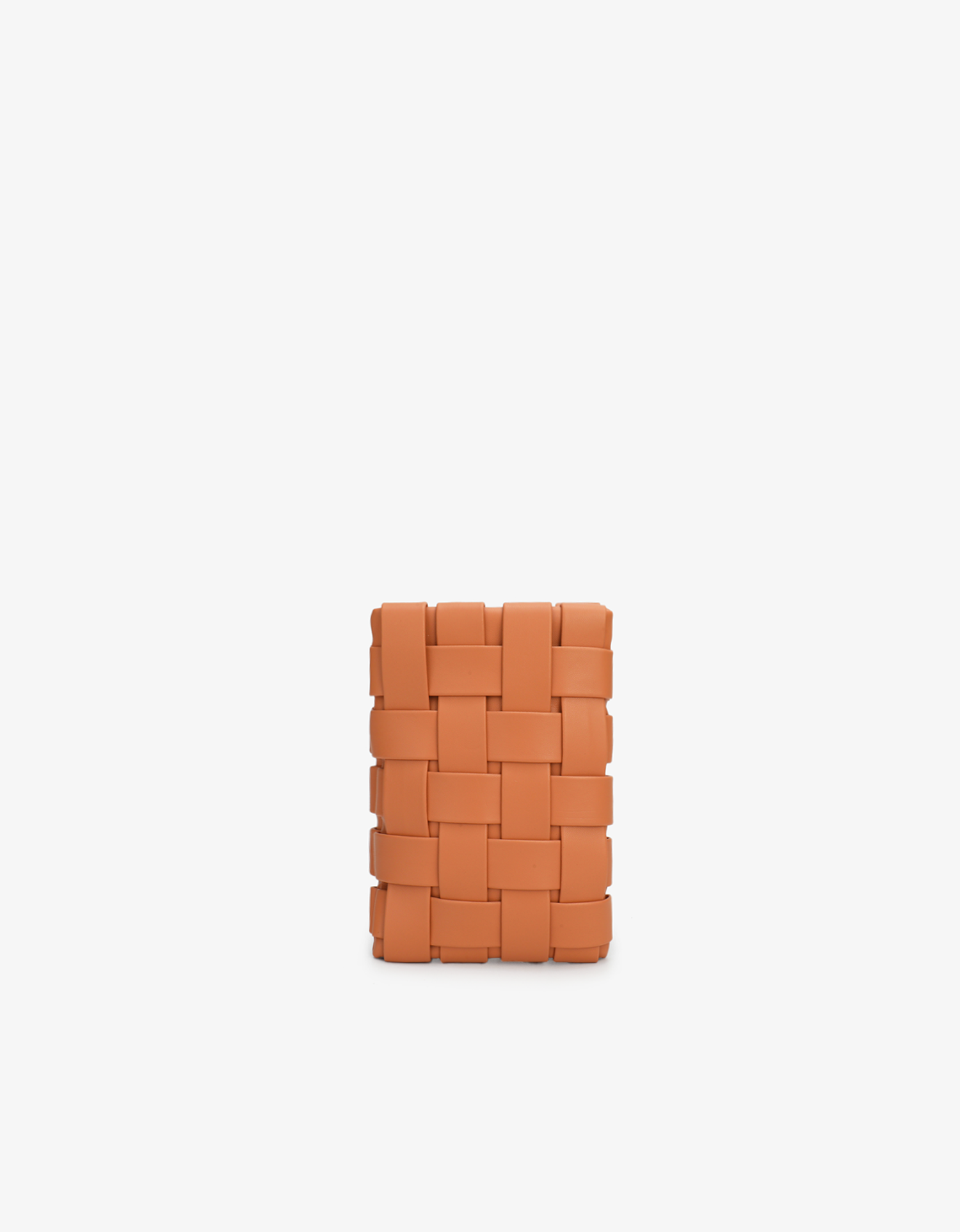 A woven orange vegan leather cellphone pouch with a zipper closure and no handles by Remi and Reid.